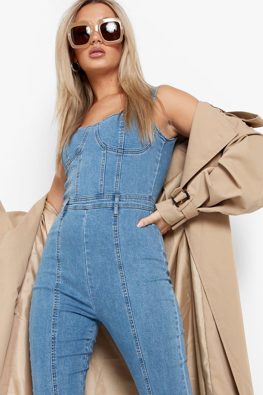 Corset Split Hem Denim Jumpsuit